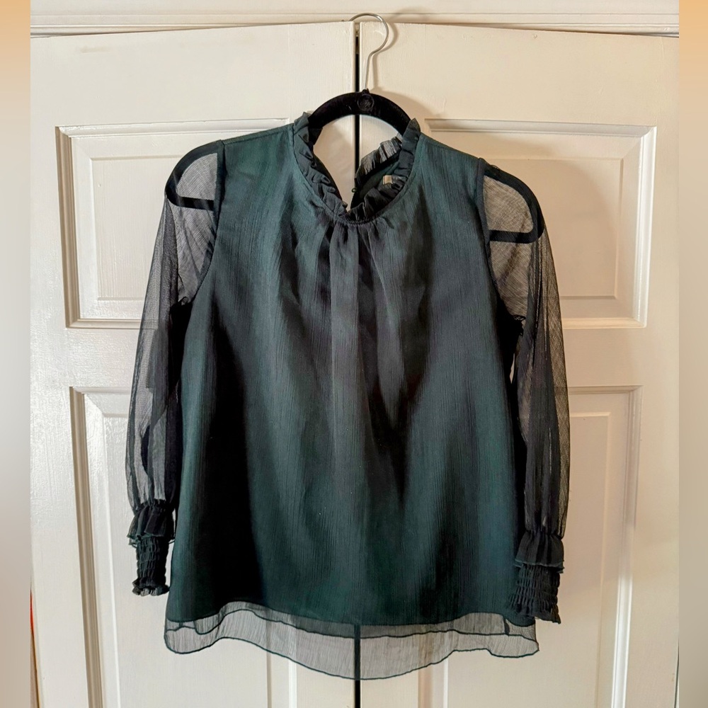 FA Green Ruffled Cut Out Blouse with Mandarin Collar